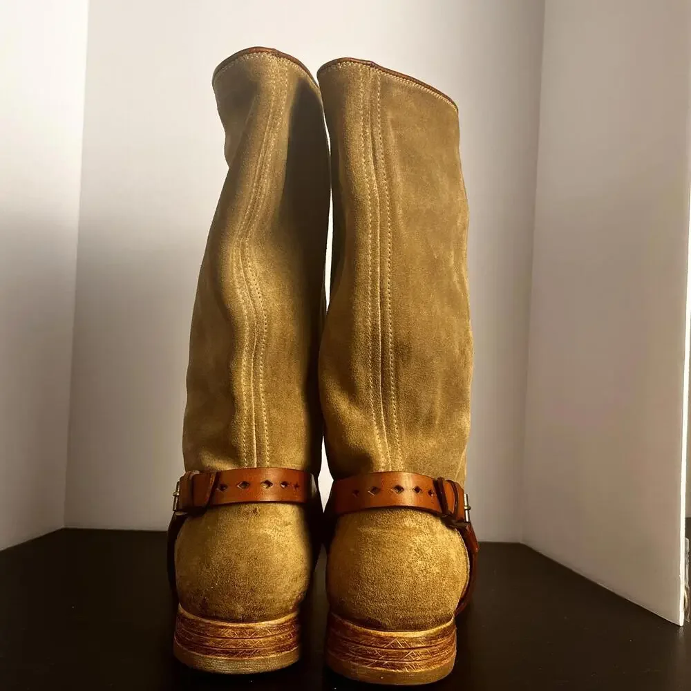 NDC Women's Brown Hand Made Suede Riding Boots with Leather‎ Straps - Size 6.5